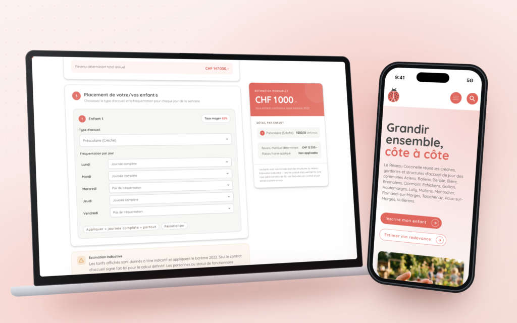 Calculateur de redevance du Réseau Coccinelle sur ordinateur, avec l’estimation mensuelle, et page d’accueil sur smartphone